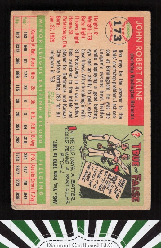 1955 Topps #173 Bob Kline VG d, back