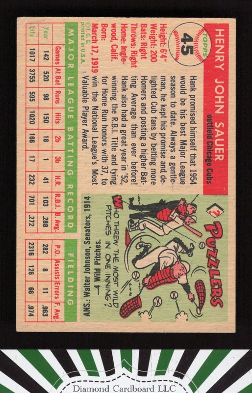 1955 Topps #45 Hank Sauer VGEX g, back