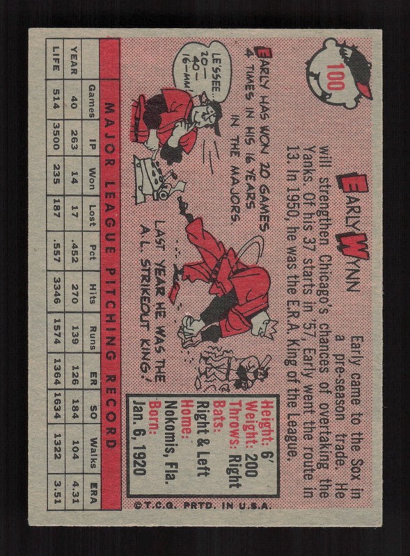 1958 Topps #100 Early Wynn White Letters EXMT e, back
