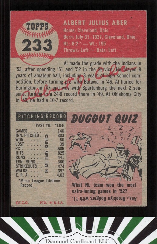1953 Topps #233 Al Aber VGEX+ d, back
