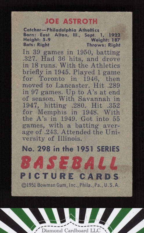 1951 Bowman #298 Joe Astroth VGEX, back