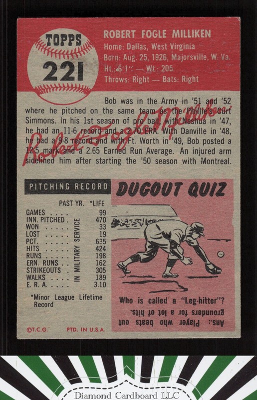 1953 Topps #221 Bob Milliken VG [GREAT EYE APPEAL g, back