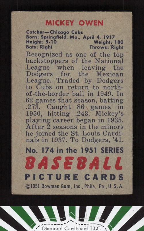 1951 Bowman #174 Mickey Owen VGEX+, back