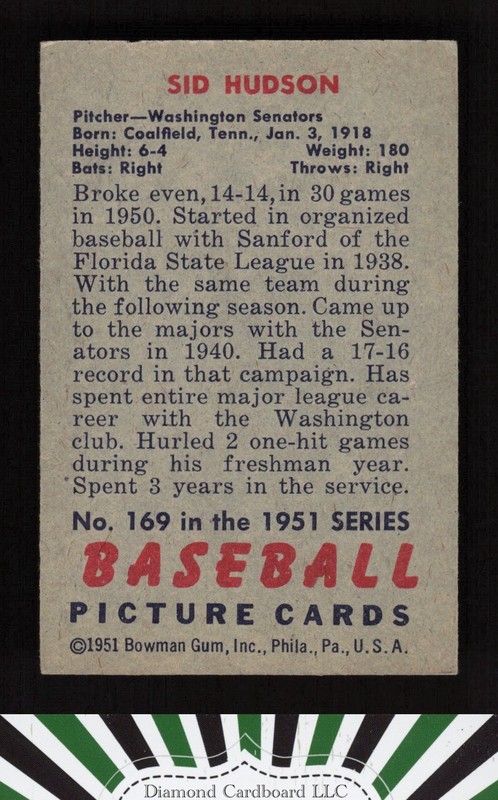 1951 Bowman #169 Sid Hudson VG, back