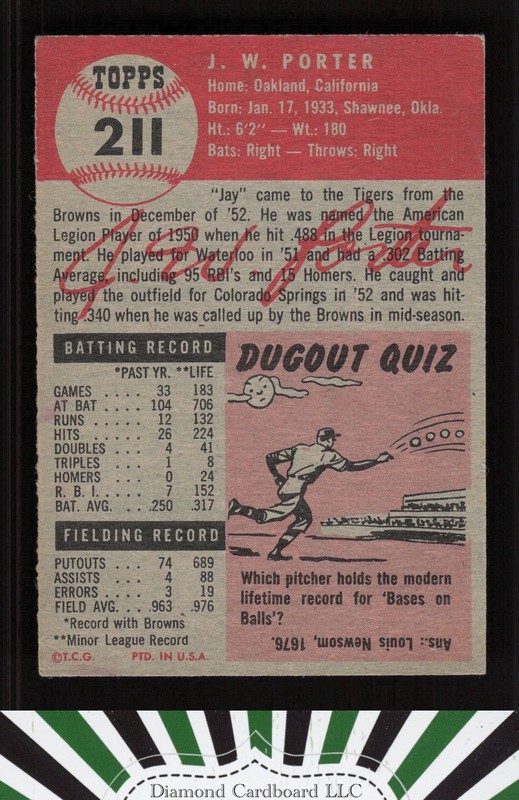 1953 Topps #211 J.W. Porter VGEX (ST) h, back
