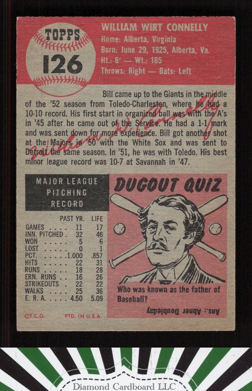 1953 Topps #126 Bill Connelly : Bio uses white text VG a, back