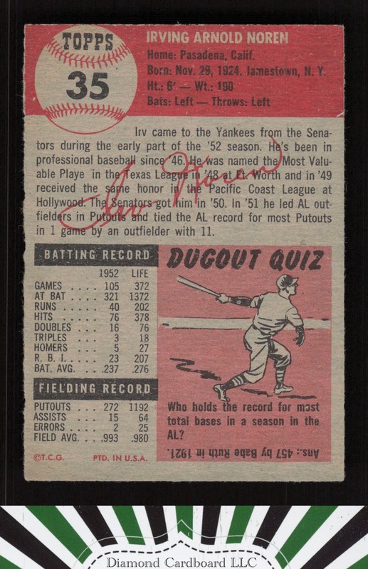 1953 Topps #35 Irv Noren VGEX h, back