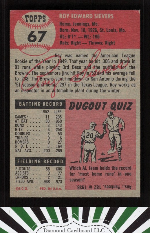 1953 Topps #67 Roy Sievers VGEX d, back