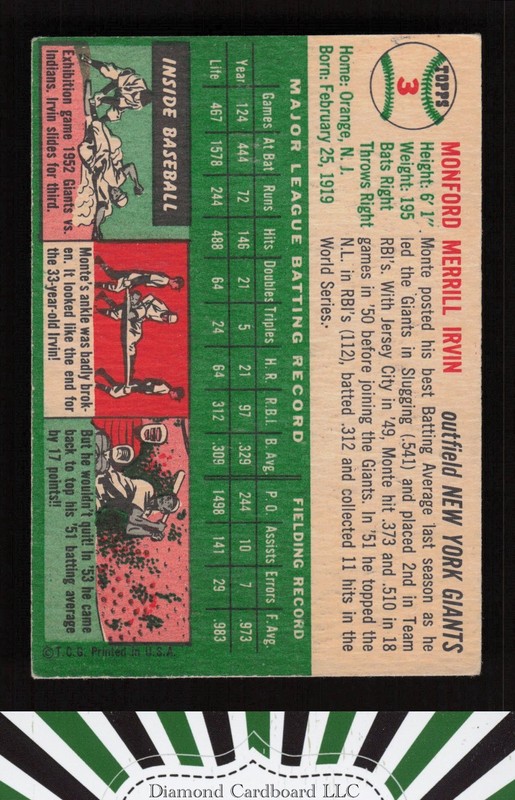 1954 Topps #3 Monte Irvin VGEX (MC) a, back