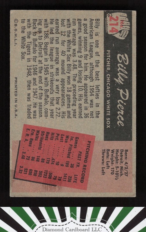 1955 Bowman #214 Billy Pierce VGEX, back