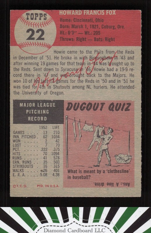 1953 Topps #22 Howie Fox EX h, back
