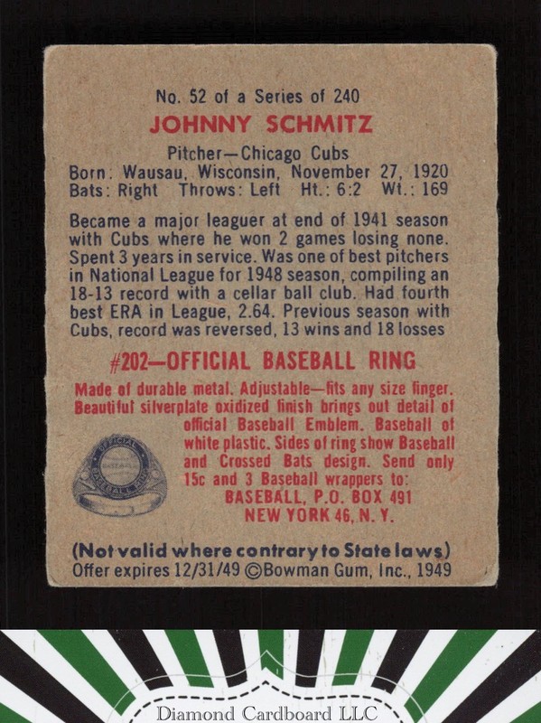 1949 Bowman #52 Johnny Schmitz VGEX a, back