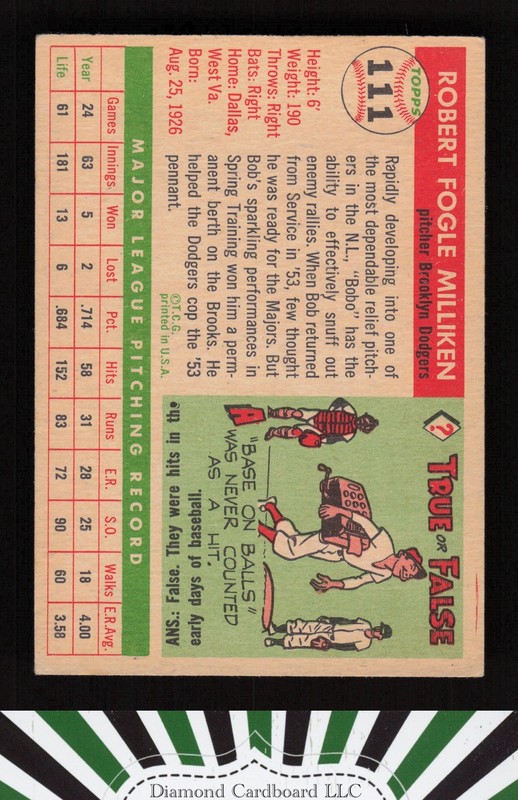 1955 Topps #111 Bob Milliken VGEX b, back