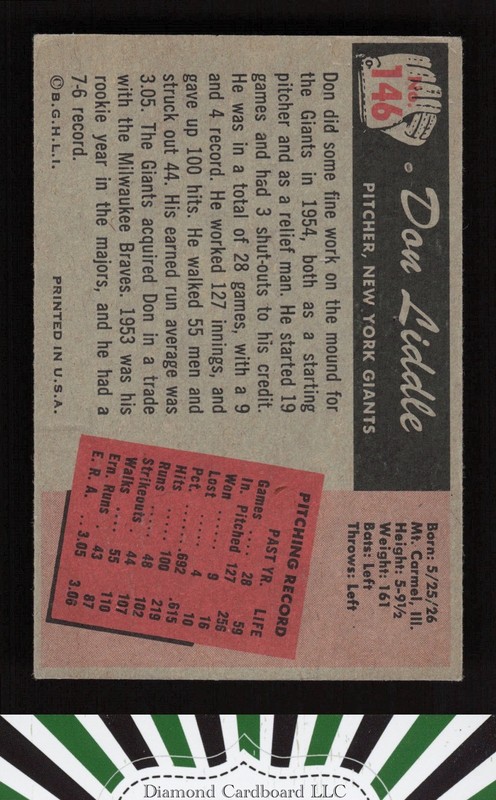 1955 Bowman #146 Don Liddle VGEX, back