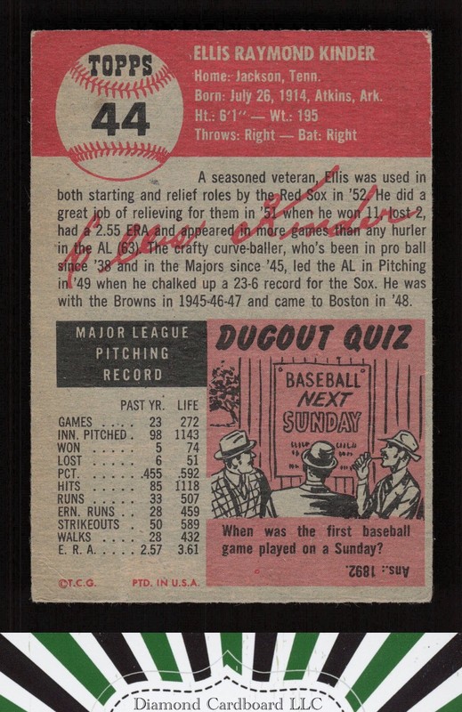 1953 Topps #44a Ellis Kinder VG b, back