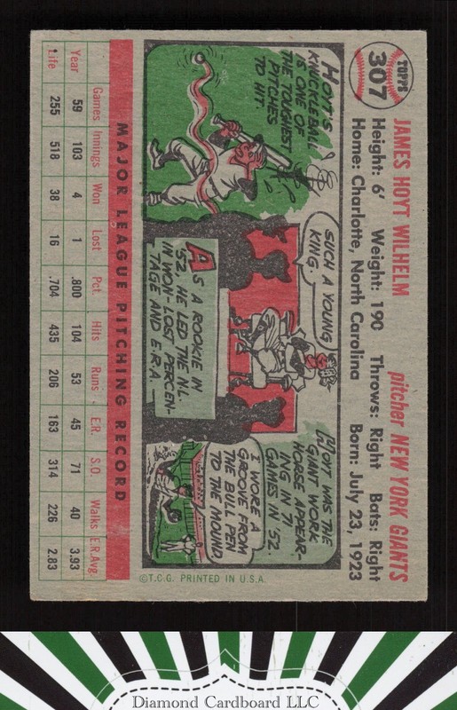1956 Topps #307 Hoyt Wilhelm VGEX+ n, back
