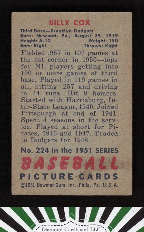 1951 Bowman #224 Billy Cox VGEX, back
