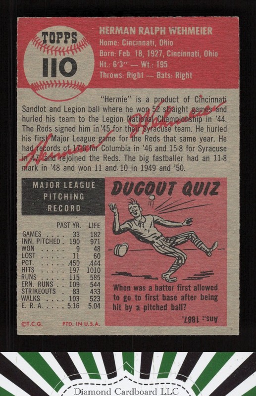 1953 Topps #110 Herman Wehmeier : Bio uses white text EXMT j, back