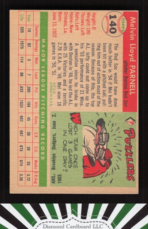 1955 Topps #140 Mel Parnell VGEX+ c, back