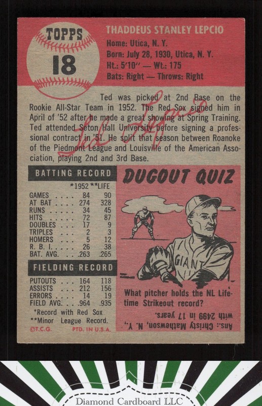 1953 Topps #18 Ted Lepcio EX h, back