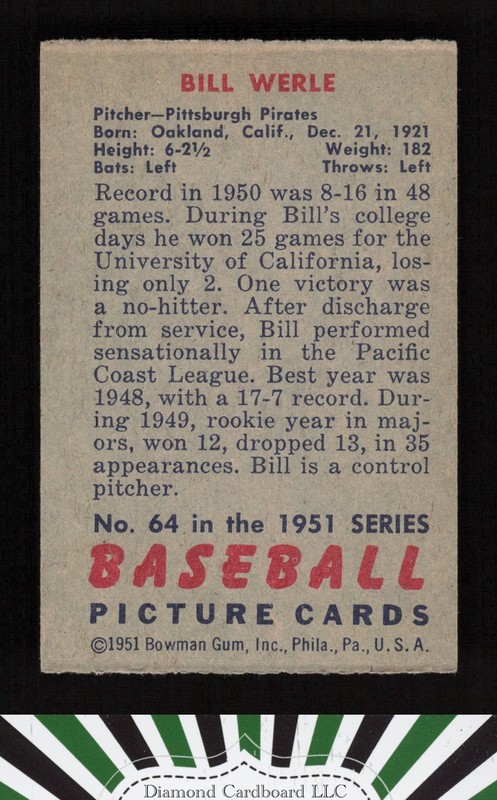 1951 Bowman #64 Bill Werle VG+, back