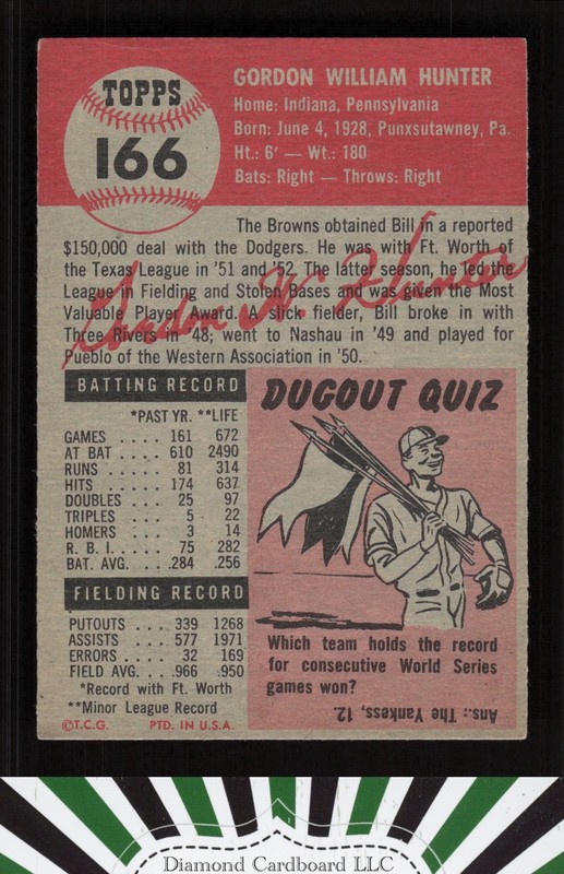 1953 Topps #166 Billy Hunter EX f, back