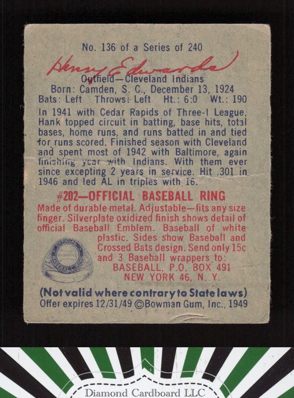 1949 Bowman #136 Henry "Hank" Edwards PR b, back