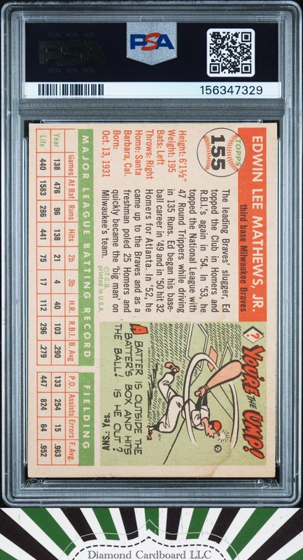 1955 Topps #155 Ed Mathews PSA 3 [LOOKS BETTER], back