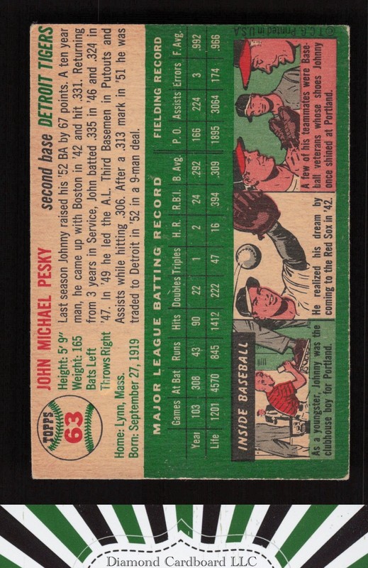 1954 Topps #63 Johnny Pesky VGEX l, back