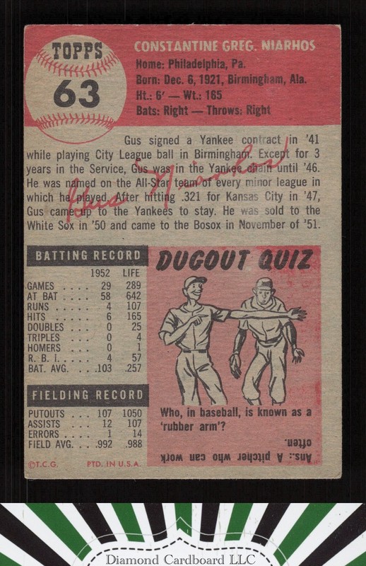 1953 Topps #63 Gus Niarhos VGEX f, back