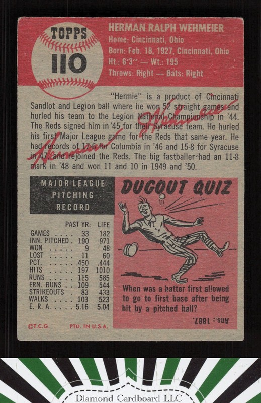 1953 Topps #110 Herman Wehmeier : Bio uses white text VGEX f, back