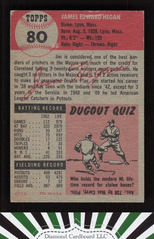 1953 Topps #80 Jim Hegan VGEX c, back
