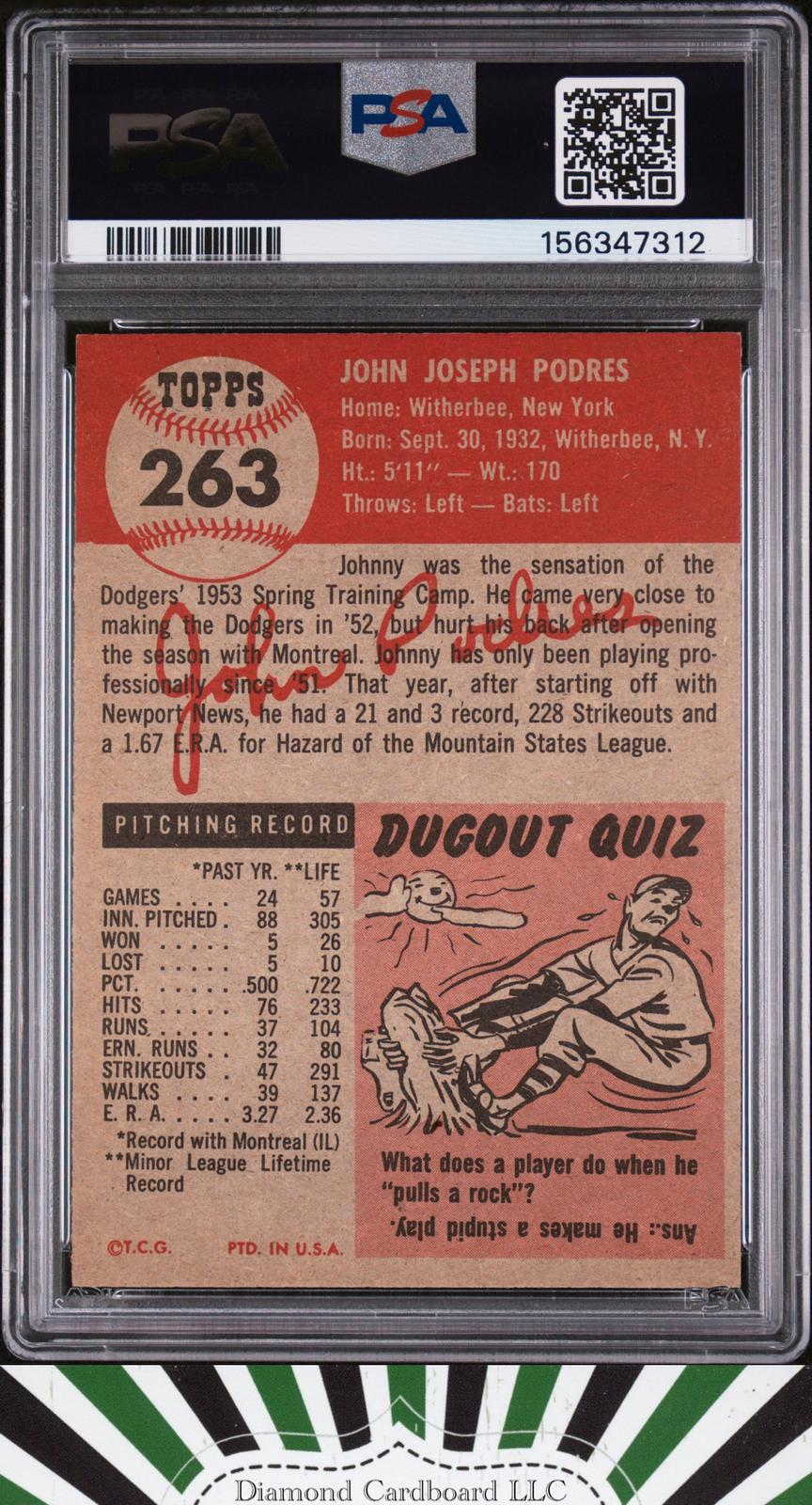 1953 Topps #263 John Podres PSA 6, back