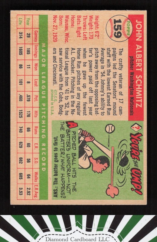 1955 Topps #159 Johnny Schmitz EX h, back
