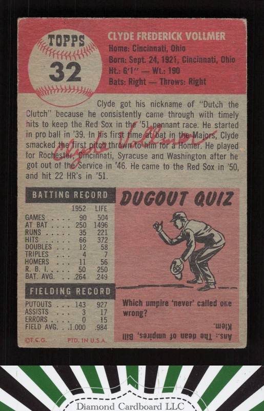 1953 Topps #32 Clyde Vollmer GD+ b, back