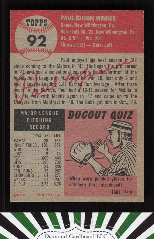 1953 Topps #92 Paul Minner : Bio uses white text VGEX d, back
