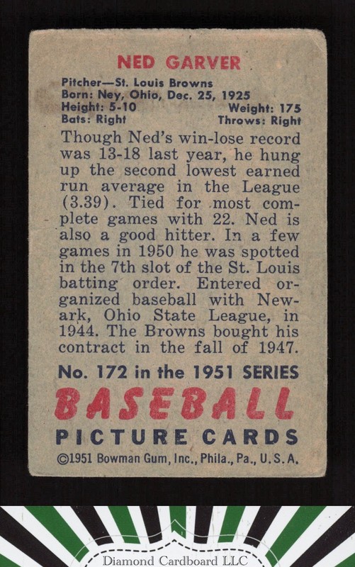 1951 Bowman #172 Ned Garver GD+, back
