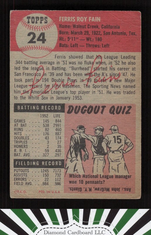 1953 Topps #24 Ferris Fain GD+ [CENTERED] b, back