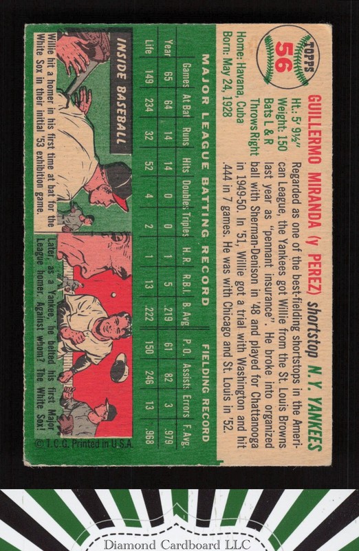 1954 Topps #56 Willy Miranda VG+ [CENTERED] j, back