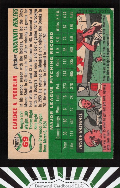 1954 Topps #69 Bud Podbielan VGEX g, back