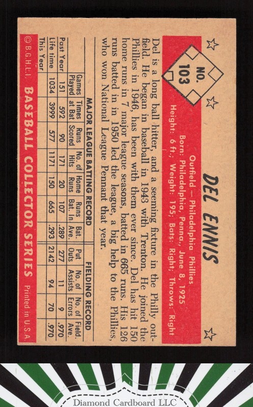 1953 Bowman Color #103 Del Ennis NM (OC) b, back