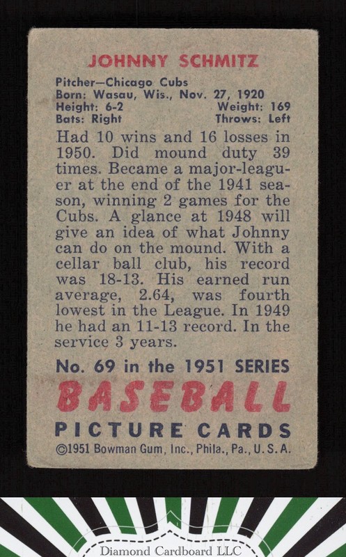 1951 Bowman #69 Johnny Schmitz VG, back