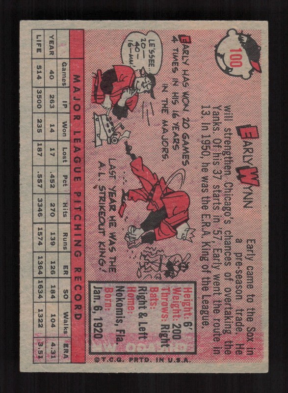 1958 Topps #100 Early Wynn White Letters VGEX c, back