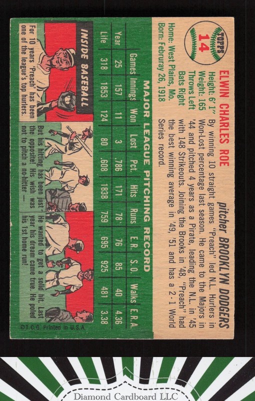 1954 Topps #14 Preacher Roe EX (ST) i, back