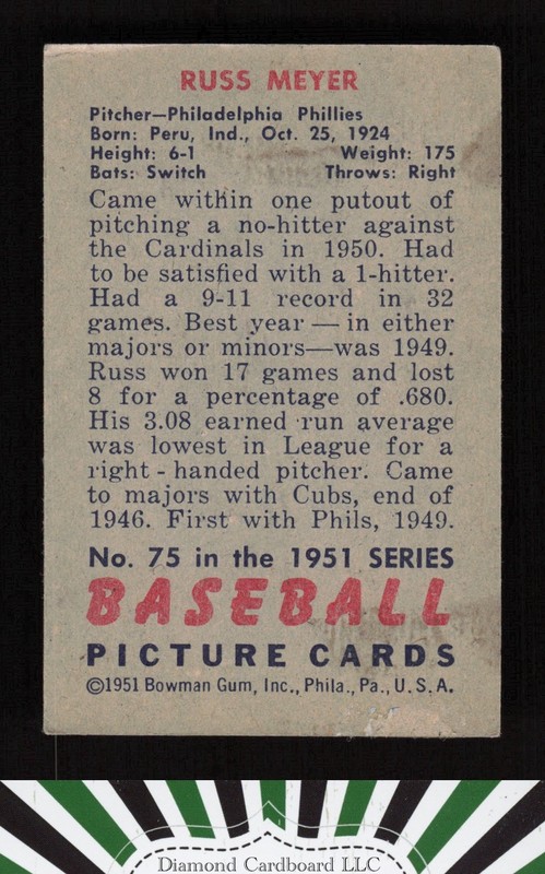 1951 Bowman #75 Russ Meyer GD+, back