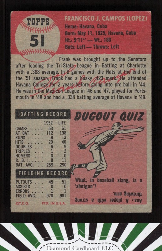 1953 Topps #51 Frank Campos VG h, back