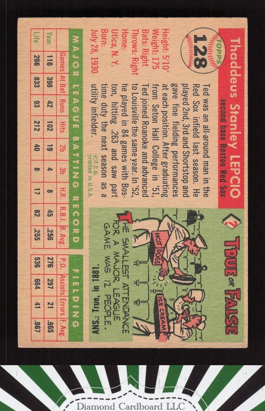 1955 Topps #128 Ted Lepcio EX g, back