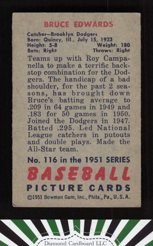 1951 Bowman #116 Bruce Edwards VGEX, back
