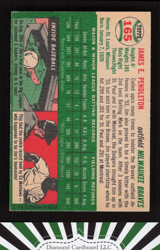 1954 Topps #165 Jim Pendleton EX n, back