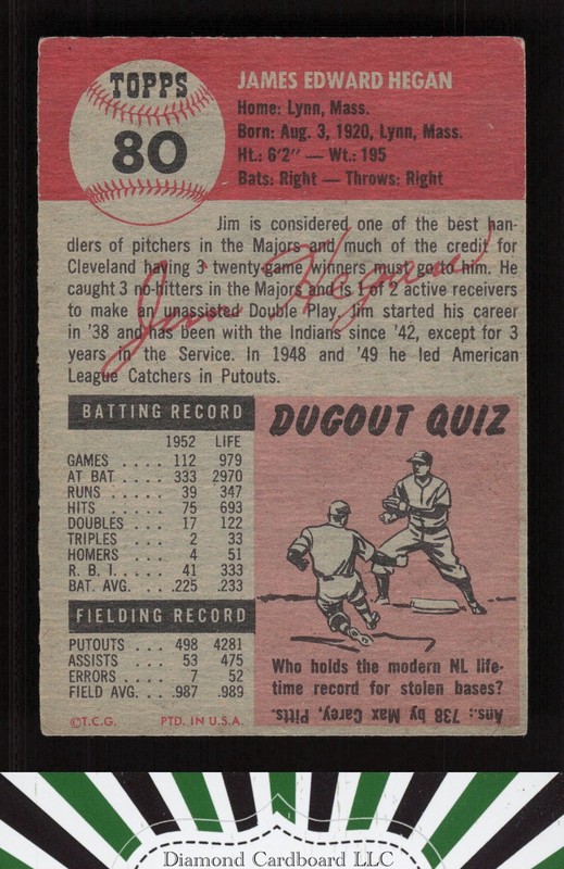 1953 Topps #80 Jim Hegan VGEX e, back